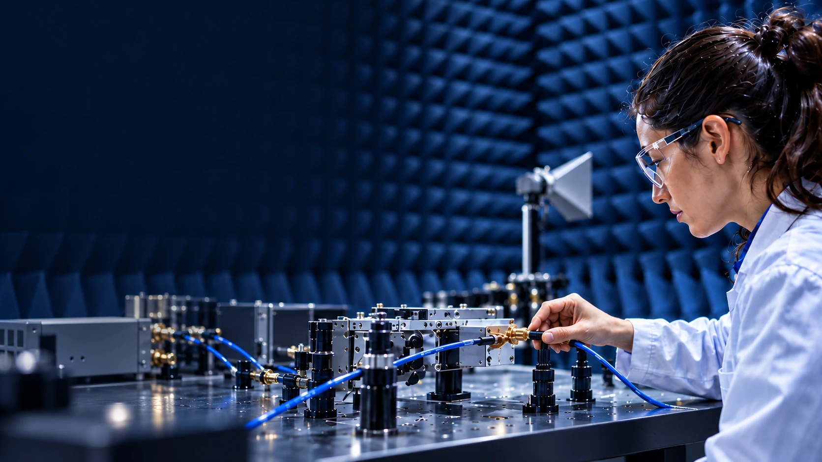 Concept scene of an engineer evaluating connected RF equipment