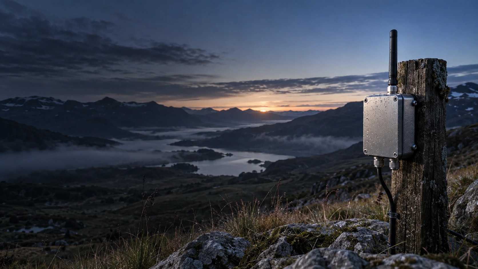 Concept scene of a compact satellite-connected field sensor in a mountain landscape