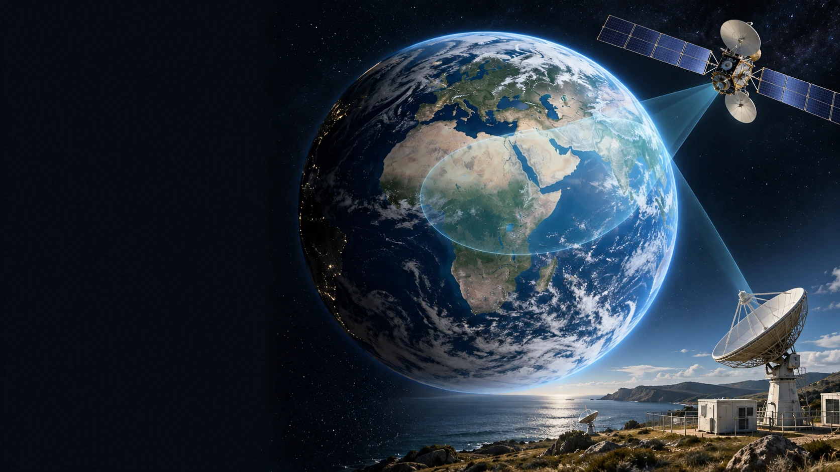 Concept scene of geostationary satellite access between a ground gateway and a user terminal; dishes represent GEO radio links rather than an ELARA device.