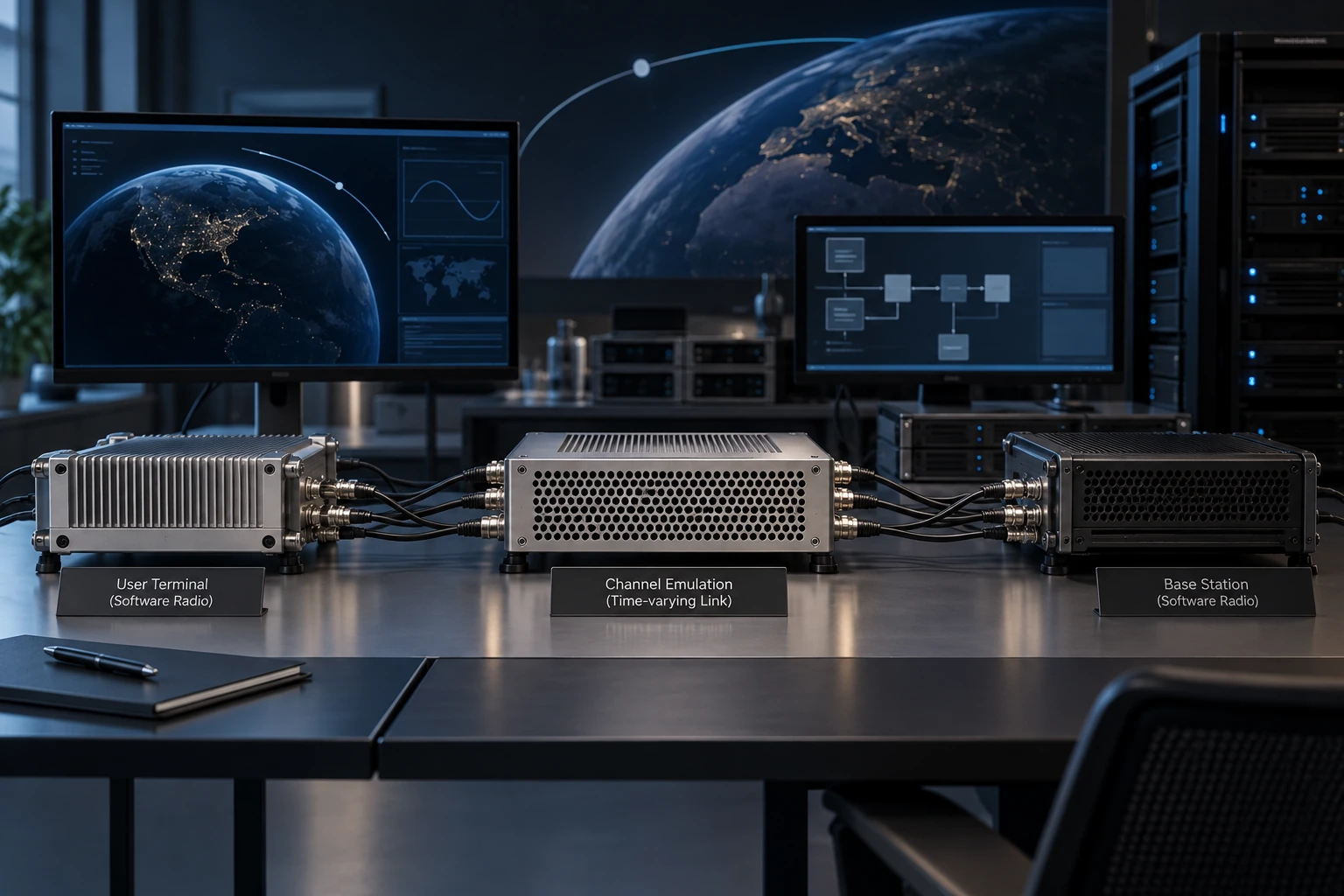 Conceptual laboratory scene with software-radio endpoints and satellite-channel emulation; a small orbital context illustrates the changing LEO link.