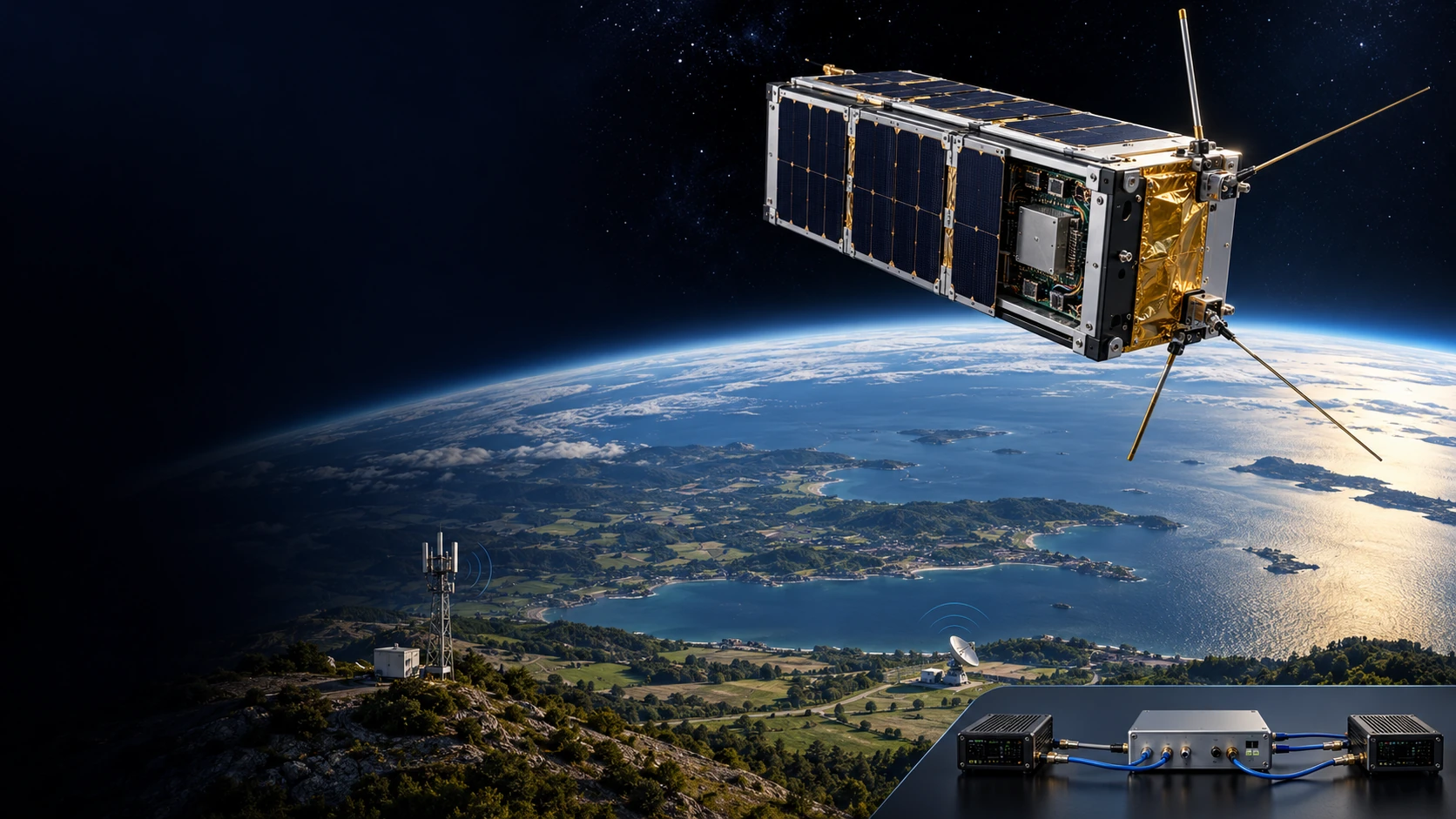 Concept scene of a compact satellite carrying a 5G user terminal, terrestrial base stations and a separate conducted radio-test bench.