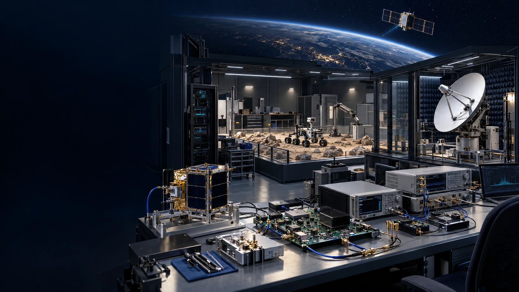 Conceptual institutional testbed combining radio and FPGA electronics, a representative spacecraft payload and indoor lunar-rover control context.