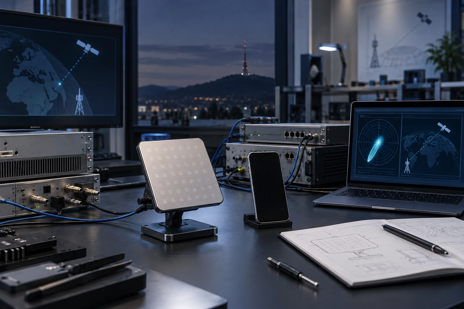 Conceptual laboratory handover scene with a handheld-scale flat antenna prototype, terrestrial and emulated satellite radio paths, and generic network equipment.