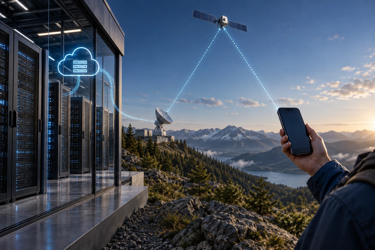 Concept scene of virtualised gateway computing and a handheld device communicating through a satellite, without a separate user-side satellite terminal.