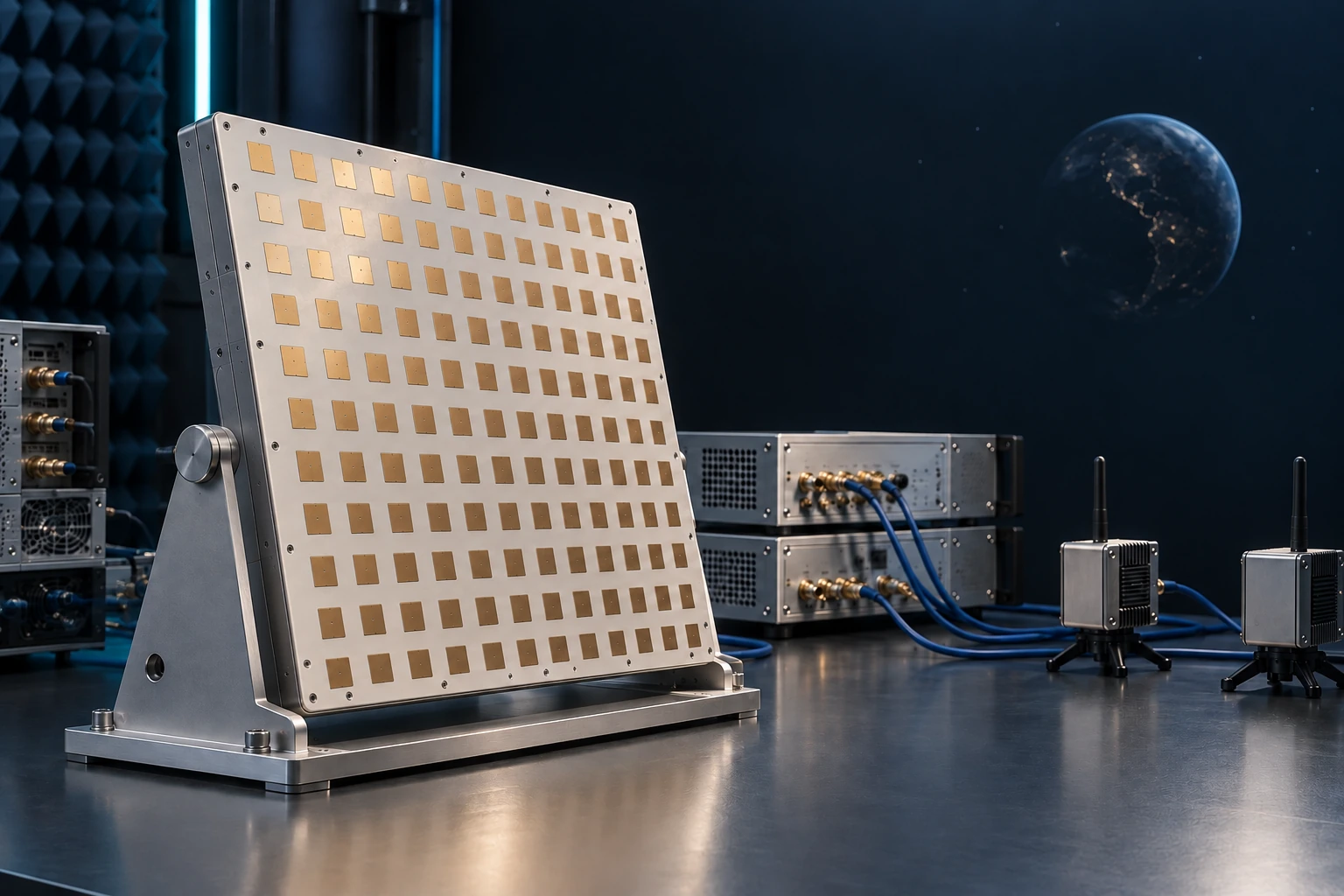 Conceptual laboratory scene showing a direct-radiating array, generic payload processing and separate receiving-terminal paths.