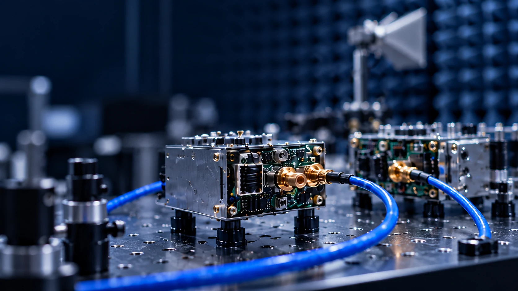 Concept close-up of RF equipment and coaxial connections